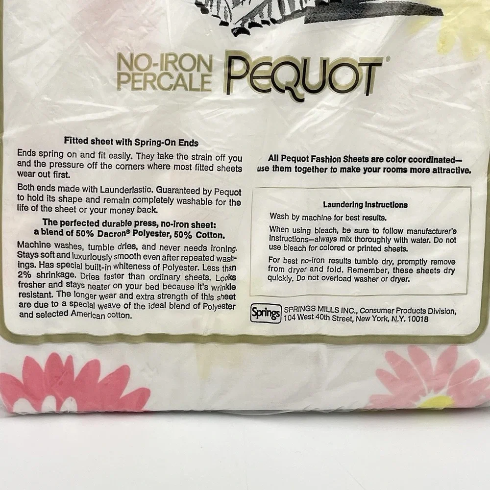 Vintage 1970s Pequot Twin Fitted Sheet Pink Yellow Daisy Floral NOS USA Percale